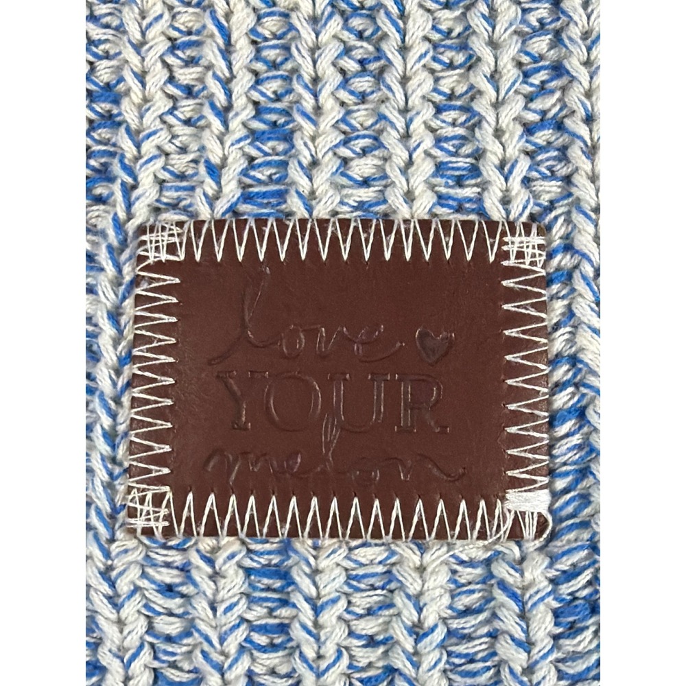 Love Your Melon Blue White Marled Knit Beanie Leather Patch Cotton Hat USA - Picture 2 of 5